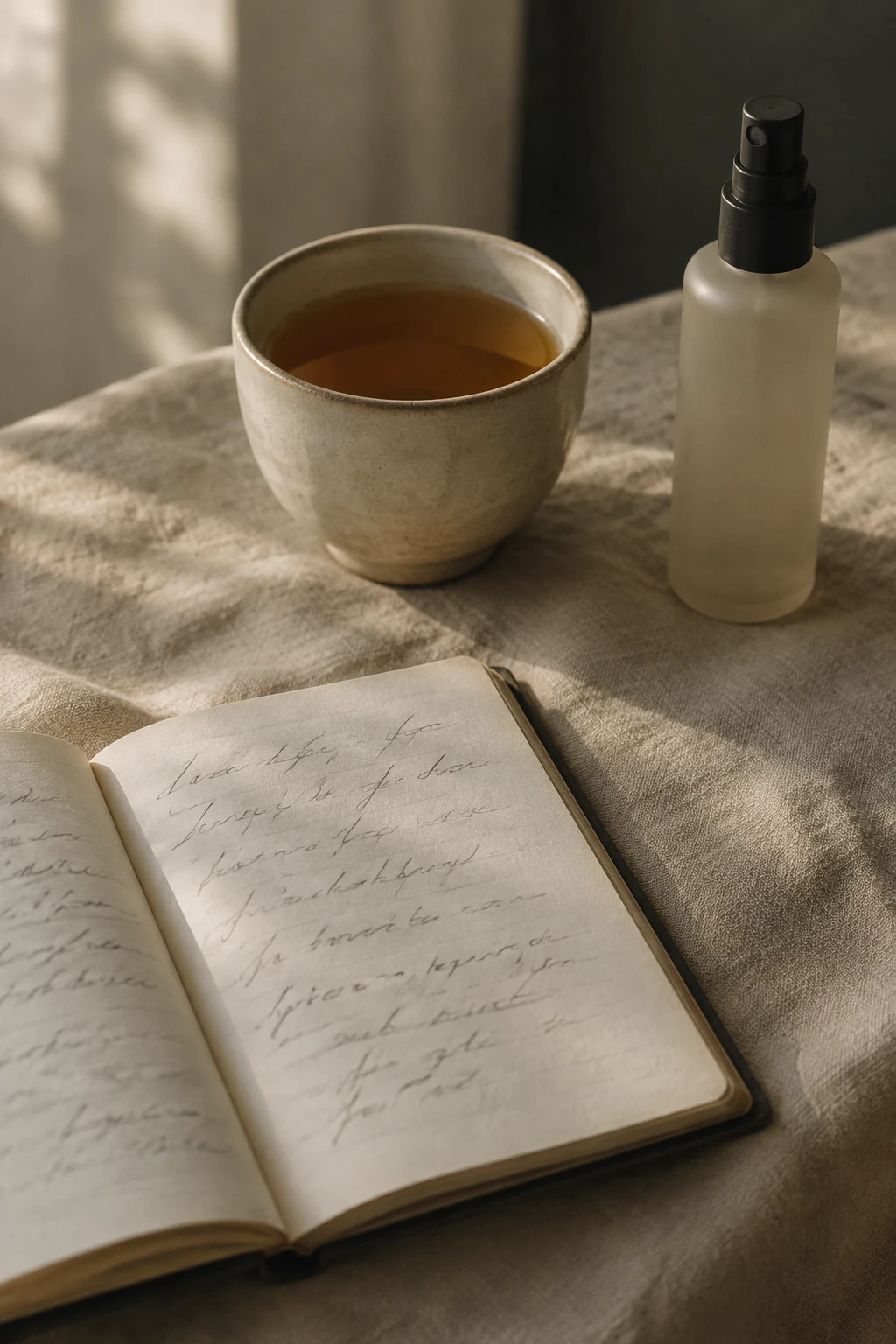 Handwritten hair care routine beside a cup of tea