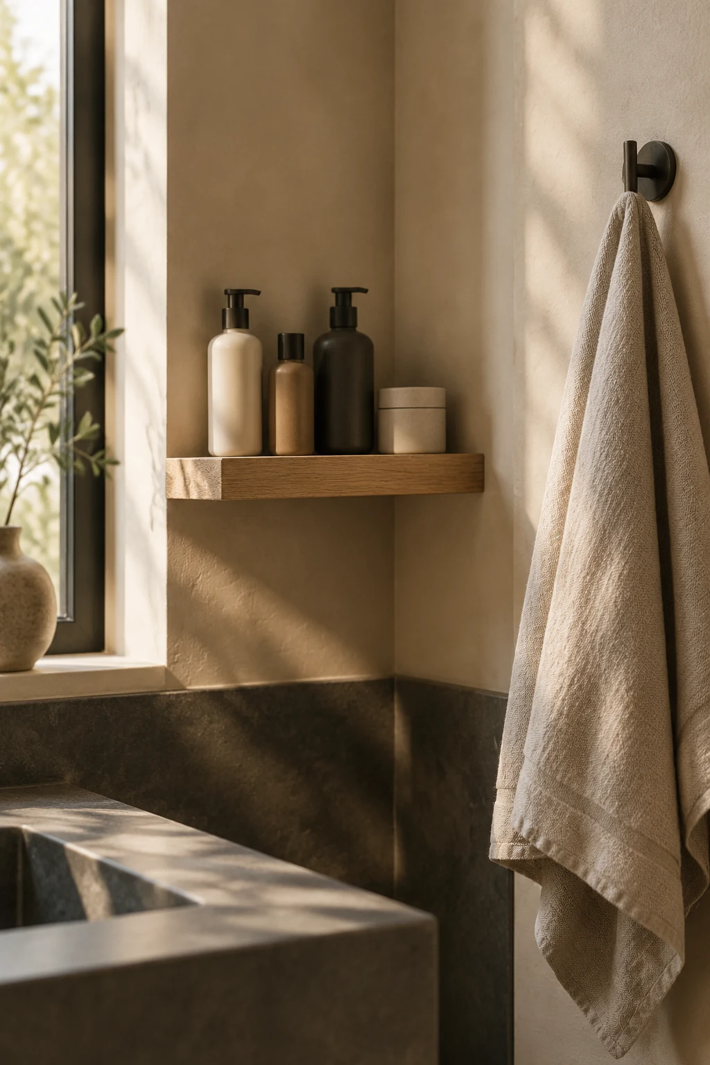 Calm light bathroom with plain bottles on a shelf