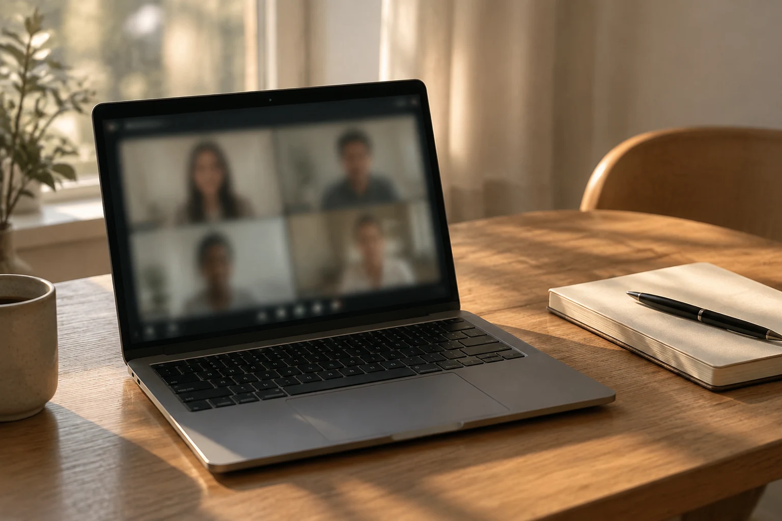 Video call in progress on a laptop beside a notebook