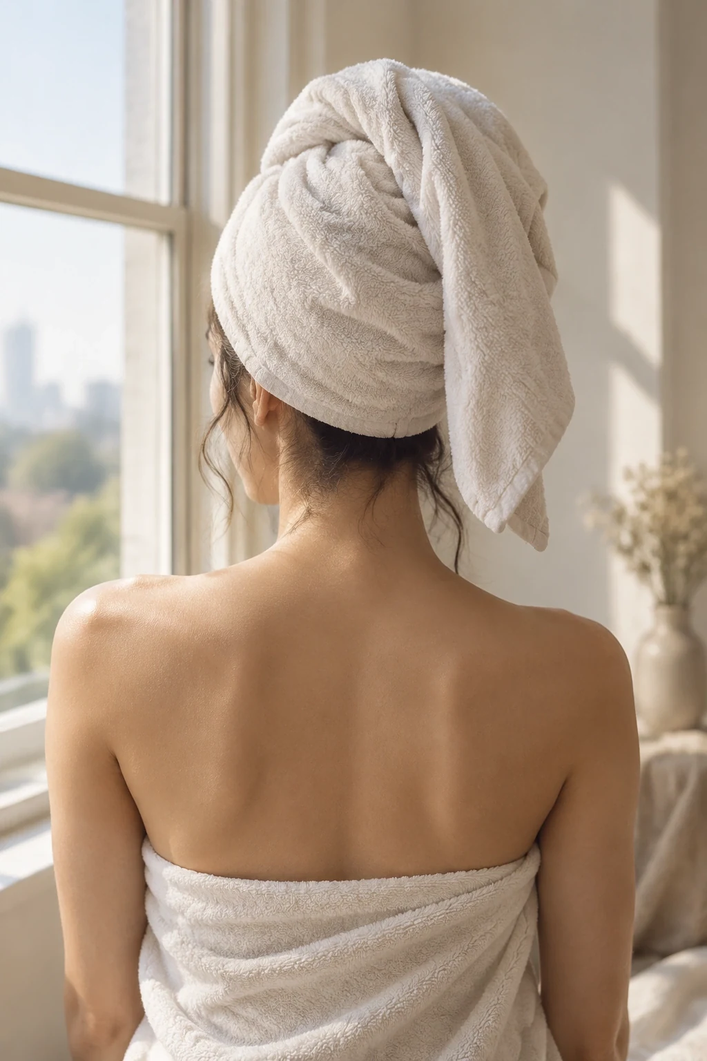 Wavy hair drying in a microfibre towel by a bright window