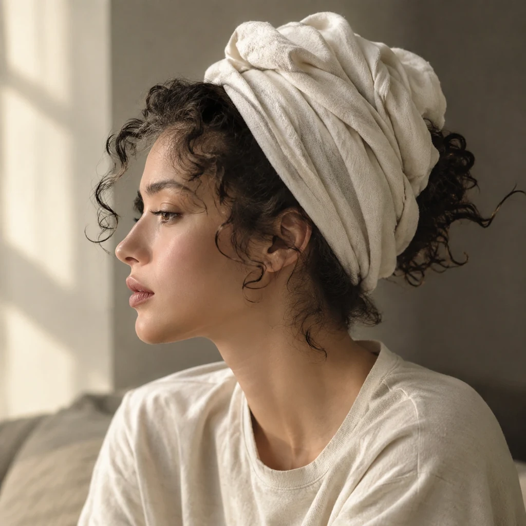 Curly hair wrapped in a cotton t-shirt on top of the head