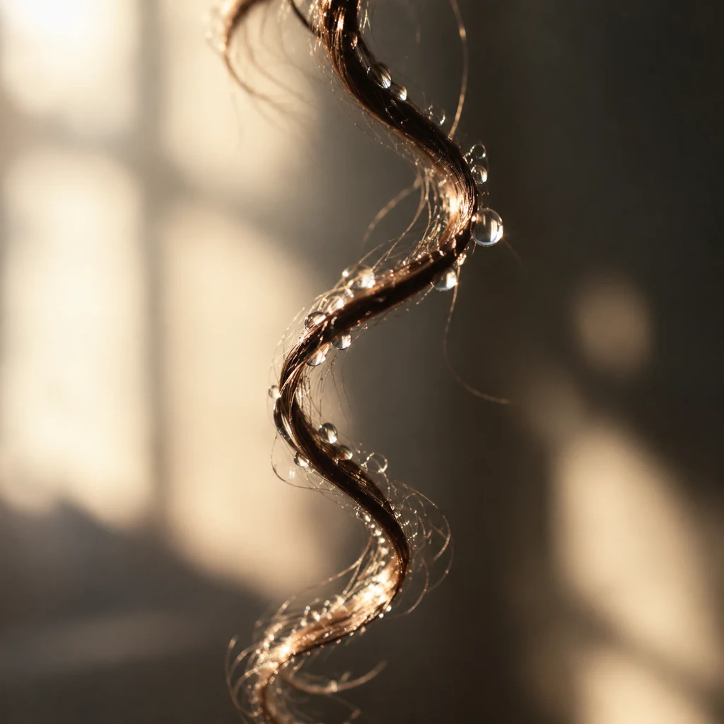 Water droplets on a strand of curly hair
