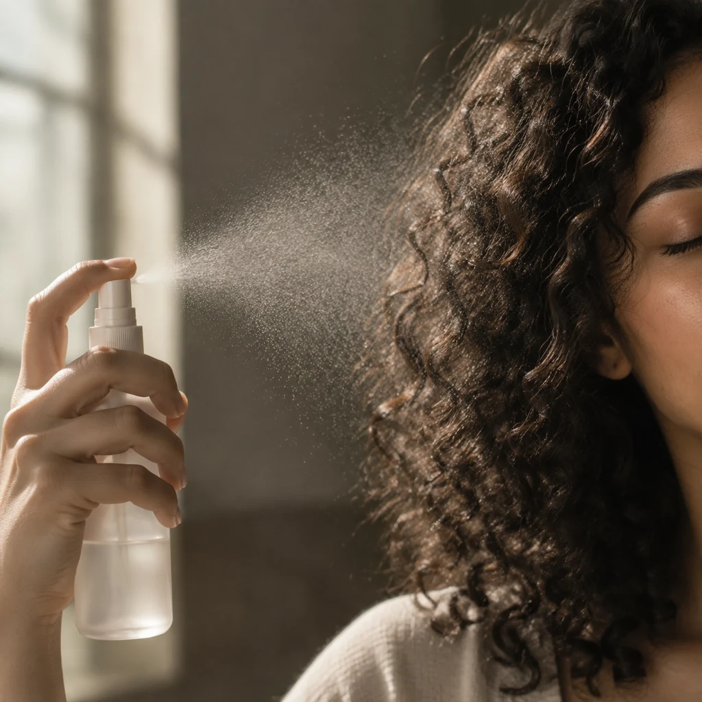 Fine mist from a spray bottle settling on curly hair