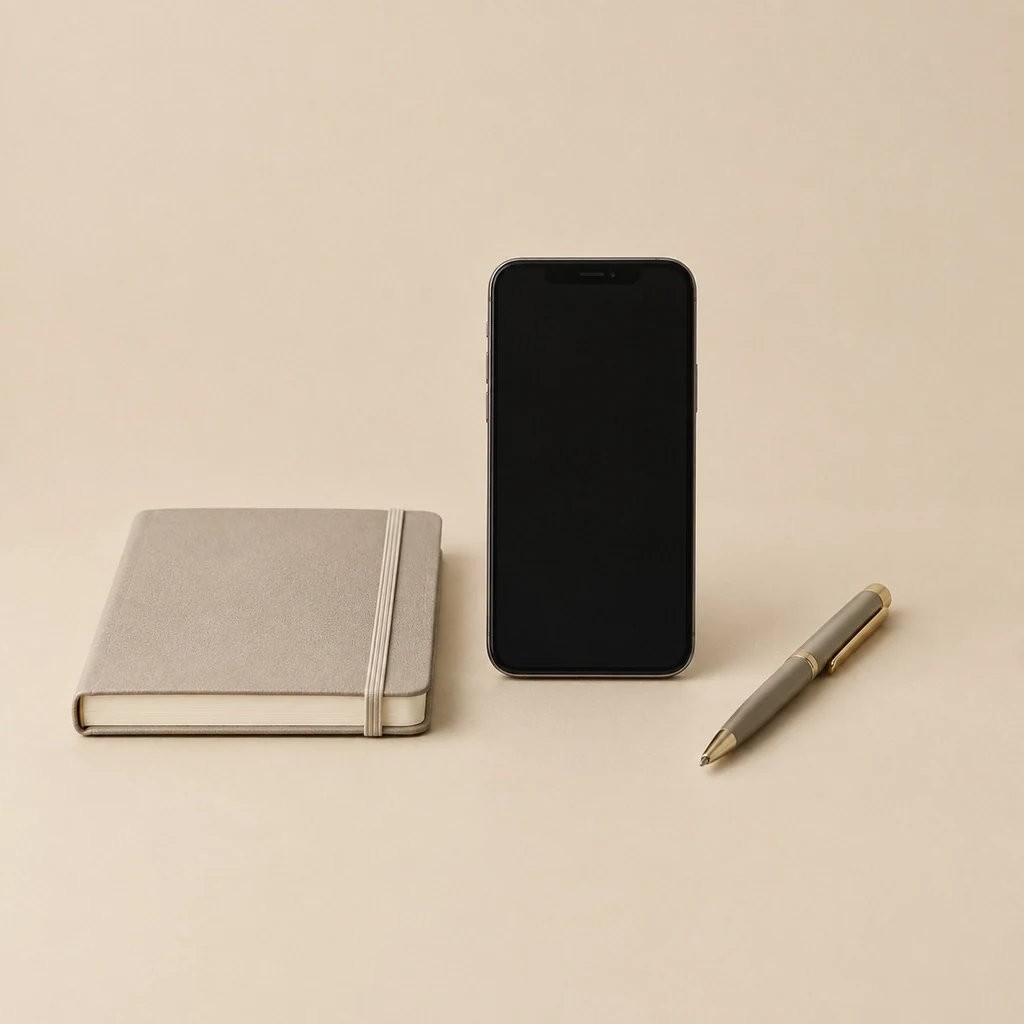 Notebook and phone ready for a short online hair consultation