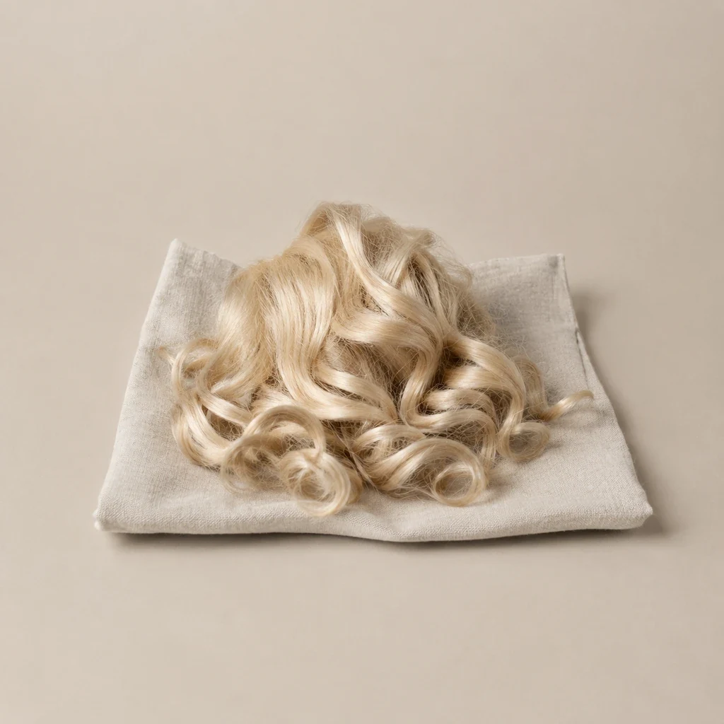 Lightened curls resting on a neutral linen surface