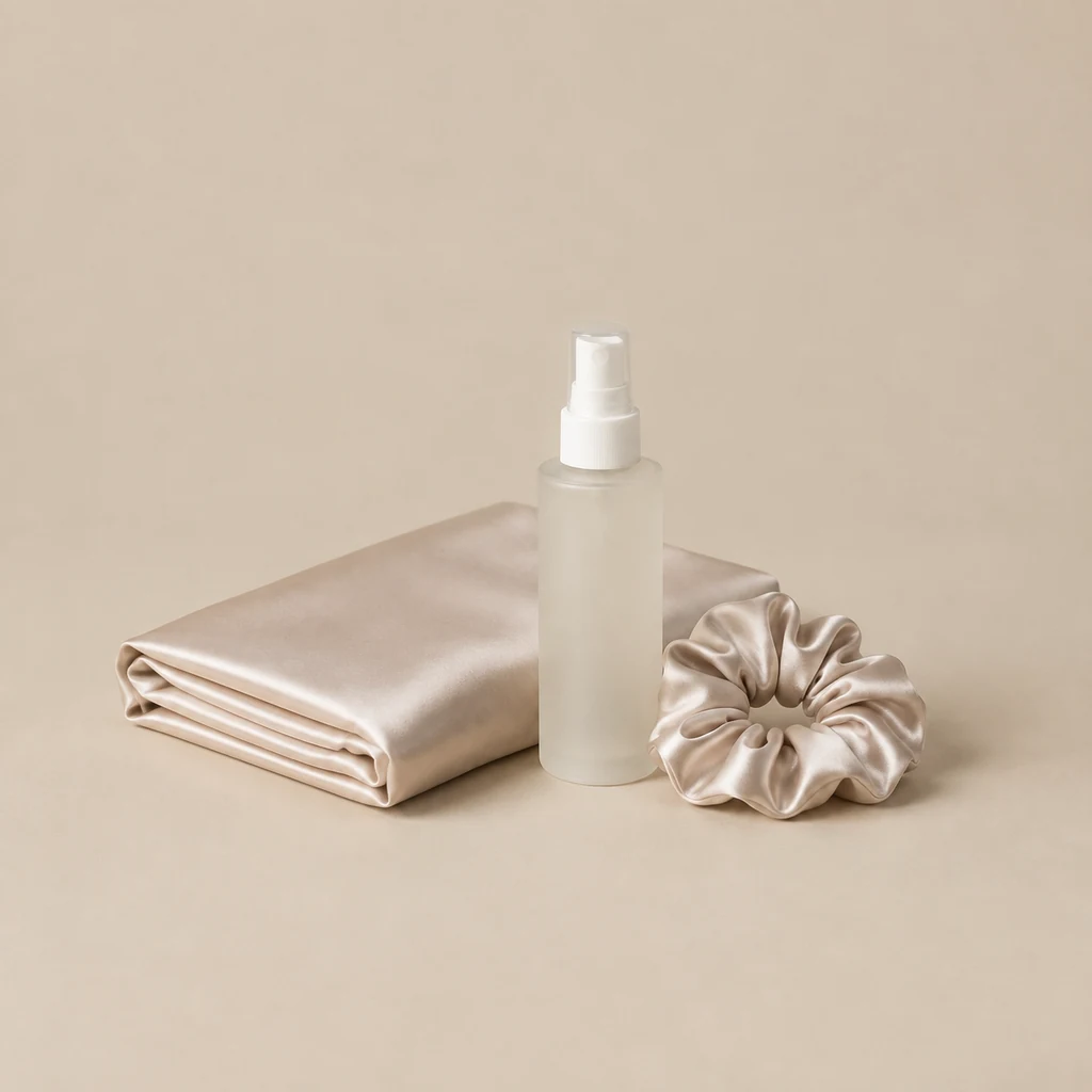 Satin pillowcase and spray bottle on a bedside table