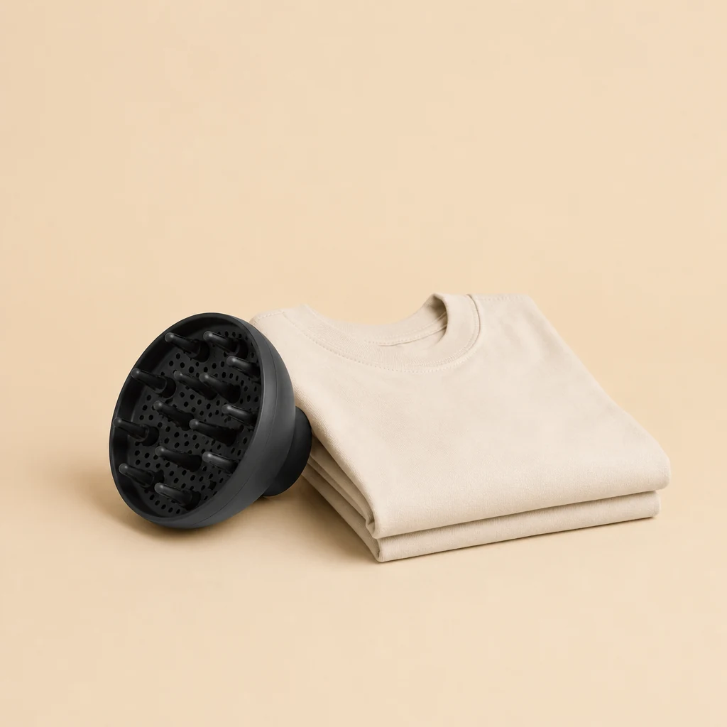 Diffuser resting beside a cotton t-shirt used for plopping
