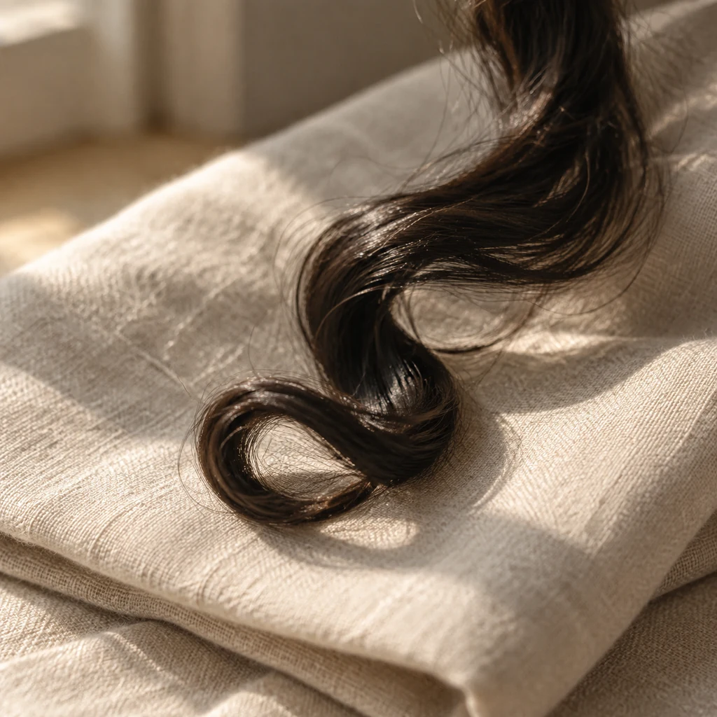 Single curl clump resting against a pale linen background