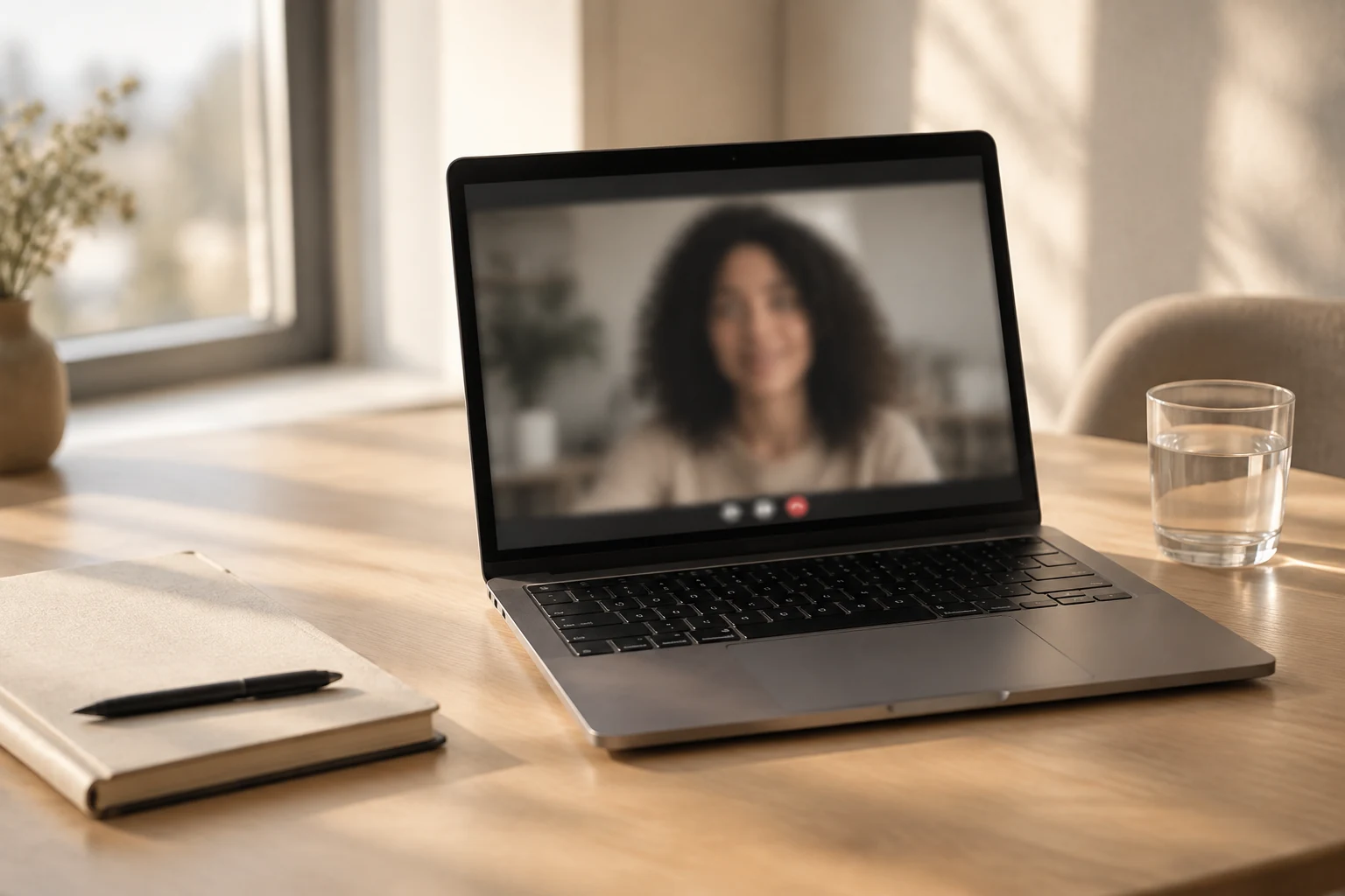 Laptop screen showing an online hair coaching session on a calm desk
