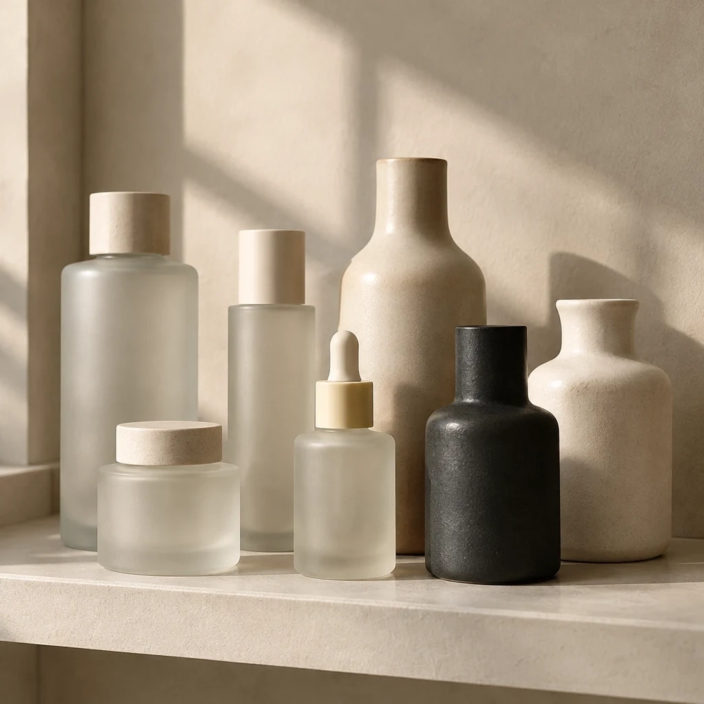 Unbranded jars and bottles arranged on a pale shelf