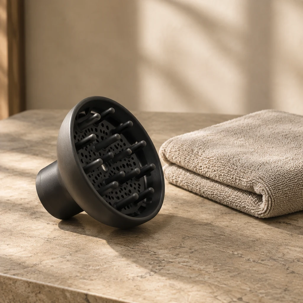 Diffuser attachment and microfibre towel laid on a neutral surface