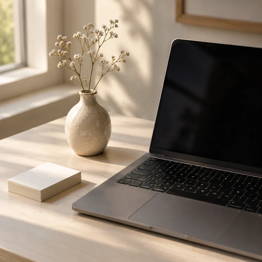 Desk with a laptop and neat notes for client scheduling