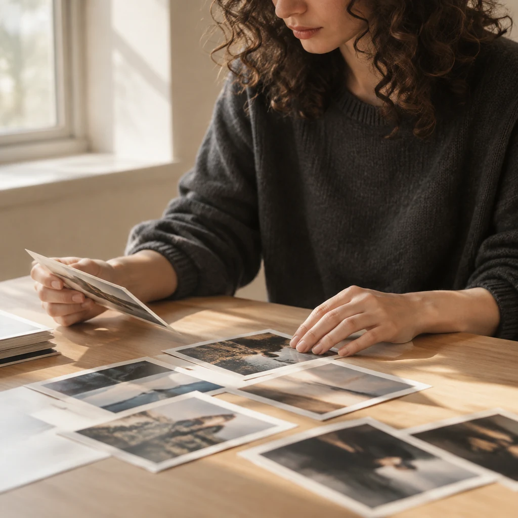 Coach reviewing curl photographs at a bright desk